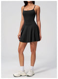 Women Tennis Dress with Shorts Pocket Square Neck Hollow Back Sleeveless One Piece Sports Outfit Fitness Pleate Mini Dresses