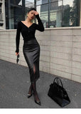 Sexy One Step Split PU Leather Half Skirt For Women's New High Waisted Slim Streetwear Black PU Fashion Womne Mini Dress  YTM8