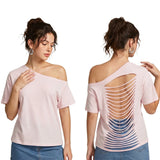 Women's Ripped Backless T-shirt Off Shoulder Short Sleeve Loose Fit Tee Tops Solid Color Shirts for Party Club Gothic Summer