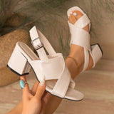 Block Heel Sandals Summer New Square Toe Deep Mouth Open Toe Crossover with Metal Buckle