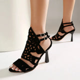 2026 Summer New Women's Black High Heels Made of Suede Leather with Exposed Toes and Thin Heels Suitable for Date Wearing