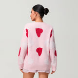 Women Spring Knitted Sweater Long Sleeve Round Neck Pearl Heart Print Knitwear Loose Pullover Tops
