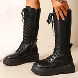 Motorcycle Thick Bottom Boots Women Spring Autumn Punk Zipper Up Knee High Boots Woman Lace Up Black Pu Leather Botas Female
