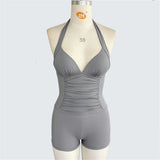 S - XXL Halter V Neck Wrinkled One Piece Swimsuit Women Swimwear Female Shorts Monokini Padded Bather Bathing Suit Swim V7535