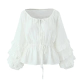 Foridol Tie Up Ruffles Lantern Sleeve White Blouse Women Spring Fashion Pelpum Top 2025 Summer O Neck Beach Casual Chic Blusa