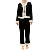 Womens Fall Winter  2 Pieces Pajamas Set Bow Tie Front Furry Trim V Neck Long Sleeve Tops and Pants Christmas Lounge Wear