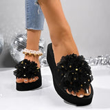 Fashion Flower Design Wedge Slippers Women Summer Sequins Black Platform Slides Female Stylish Anti-Slip High Heel Sandals Mujer