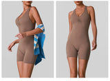 Cross Back V-neck Short Yoga Jumpsuit Women Quick Drying Solid Sleeveless Sports One Piece Suit Outdoor Recreation Bodysuits