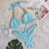 3 Colors Sexy Bikini Women Swimwear Swimsuit Luxe Crystal Diamond Halter Bandage Solid Bikinis Set Bathing Suit Beachwear Female
