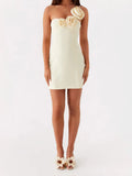 Women's Summer 3D Flower Mini Dress One Shoulder Spaghetti Strap Solid Color Slim Fit Dresses Party Clubwear