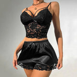 2 Pcs/Set Women Pajama Set Hollow Out Lace V Neck Sleeveless Crop Top High Waist Satin Shorts Anniversary Sleepwear Outfits