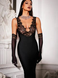 Ahagaga Lace Women's Party Maxi Dresses Solid Skinny V-Neck See Through Camisole Blackless Bodycon Sleeveless Vestidos Robes