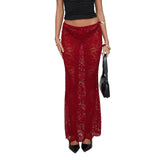 Summer Women's Sheer Floral Lace Elegant Skirt Elastic Waist See Through Sexy Long Skirt for Party Beach Streetwear
