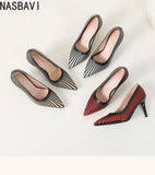 Women 8CM Pointed Toe High Heels Slip on Stiletto Pumps Dress Party OL Office Classic Stripes Single Shoes Gold Silver New 2026