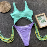 Tummy Cut Out Splicing Fringe Tassel Women Swimwear One Piece Swimsuit Female Monokini High Leg Cut Bathing Suit Swim Beach Wear