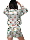 Womens Satin Christmas Pajamas Sets Print Button Up Long Sleeve Lapel V Neck Tops and Shorts Lounge Wear 2 Pieces Suits