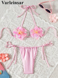 S - XL New Shiny 3D Flowers Halter Bikini Female Swimsuit Women Swimwear Two-Pieces Bikini Set Bather Bathing Suit Swim V7703