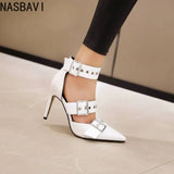 NASBAVI Black Punk Gothic High Heels Sexy Plus Size Pointed Toe Fashion Buckle Rivet Women Pumps Wedding Shoes Stiletto Heels