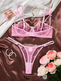 Coquette Aesthetic Pink Lingerie Set Floral Embroidery Lace Bra Set with Bow Details Sexy Sheer Mesh Teddy ZA825296