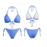 2026 Summer Women's Bikini Set Striped Dots Halter Bra with Side Tie-ups Bead Briefs 2 Piece Swimsuits Female Bathing Suits