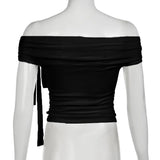 Korean Style Solid Color Women's Top Casual Slash neck Crop Top Fahionable Slim Fit White Tee Lady Summer Night Out Dress up