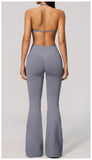 Summer Fitness Suit Women Seamless Hanging Neck Pleate Sports Bra Yoga Sets High Waist Wide Leg Leggings Running Athletic Wear