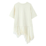 New Women's Lace Patchwork T-Shirt Top Women Lace Trim Hem T Shirt Crew Neck Short Sleeved Loose Fit Casual Solid Color Top MQ08