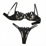 Black Lily Embroidered Bra Set - Satin Edged Transparent Mesh Adjustable Shoulder Strap Sexy Thong Set ZA824031