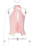 FDYOUO Sexy Halter Lace Patchwork Camisoles Women Fashion Backless Hollow Out Corset Pink White Bandage Tanks Top Y2K Streetwear