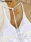 S - XL Sexy Pearls Wrinkled V Neck Women Swimwear One Piece Swimsuit Female Backless High Cut Leg Bather Bathing Suit Swim V7720