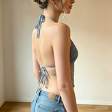 Women's Spaghetti Strap V-Neck Sheer Crop Top Y2K Beaded Mesh Camisole Sleeveless Backless Vintage Party Clubwear for Ladies