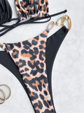 New Sexy Leopard Print Backless Swimsuit Halter Lace-up Swimwear Micro Bikini Set Chain Linked Beachwear Female Bathing Suits