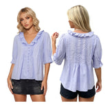 Women's Summer Blouse Solid Color Ruffle Flounce V Neck Short Sleeve Button Down Tops Casual Loose Shirts