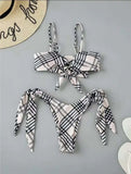 2026 New Vintage Plaid Print 2 Piece Swimsuit for Women Knot Lace-up Push Up Suspender Backless Bikini Set Beach Bathing Suit