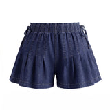 Womens Loose Fit Denim Shorts Drawstring Elastic Mid Rise Pleated Wide Leg Short Pants Casual Stylish Summer Skorts