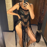 3 Colors Hollow Out Fringe Tassel Knitted Crochet Tunic Beach Cover Up Cover-ups Beach Dress Beach Wear Beachwear Female V3847