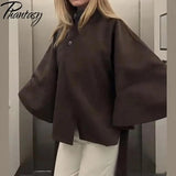 Phantasy Elegant Grey Lace Up Woolen Coats Women Stand Collar Full Sleeve Jackets Autumn Winter Outerwear Female Tops 2025