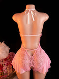 Pink Sexy Lace Bodysuits Crotchless Deep V Open Teddy Babydoll Sheer Sleepwear Elegant & Seductive Erotic Lingerie For Women