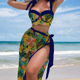 Vintage Black Floral Print Bikini 2026 Women Push Up Underwire Bra High Waist Swimsuit Beach Bathing Suit Skirt 3 Piece Swimwear