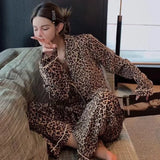 Pajamas for Women Spring Autumn Korean Cardigan Long Sleeved Sexy Leopard Print Home Clothing Set Milk Silk Pajamas for Women
