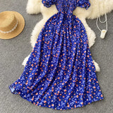 2025 Summer French Vintage Floral Dress Fashion Elegant High-Waisted Drawstring Vestidos Printed Fresh And Sweet Long Dresses