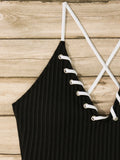 V Neck Wrinkled Ribbed Cross Backless One Piece Swimsuit Women Swimwear Female High Leg Cut Monokini Bather Bathing Suit Swim