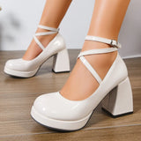 Fashion Ankle Wrap Thick High Heels Pumps Women Elegant Round Toe Platform Mary Jane Shoes Woman Patent Leather Pumps Ladies