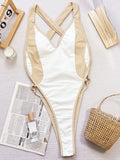 Splicing V Neck Cross Backless Women Thong Swimwear One Piece Swimsuit Female Monokini High Leg Cut Bathing Suit Swim Beach Wear