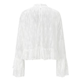 Womens Lace Floral Sheer Blouse Flare Long Sleeve Mock Neck Ruffle Peplum Hem Cropped Shirts Elegant Sexy Cover-ups Tops
