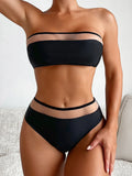 Bandeau Splicing Black Mesh Sheer Mid Waist Bikini Female Swimsuit Women Swimwear Two-pieces Bikini set Bather Bathing Suit Swim