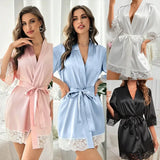 New Ladies Elegant Satin Robe Lace Trim Kimono Short Sleepwear Nightgown V Neck Belted Bridal Loungewear Bridesmaid Gift