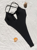 Sexy Solid Black Drawstring Bandage Backless Swimsuit One Piece Bikini Thong Swimwear Bodysuits Women Biquini Bathing Suits