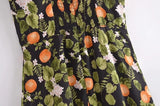 French Style Vintage Lemon Leaf Printed Green Dress Sexy Slip Midi Sleeveless Tank Dress Chiffon Women Holiday Elegant Dress