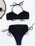 Bikini 2026 Sexy Black Drawstring High Waist Halter Swimwear Swimsuit Women Bikinis Set Bathing Suit Beach Bikini Female Push Up